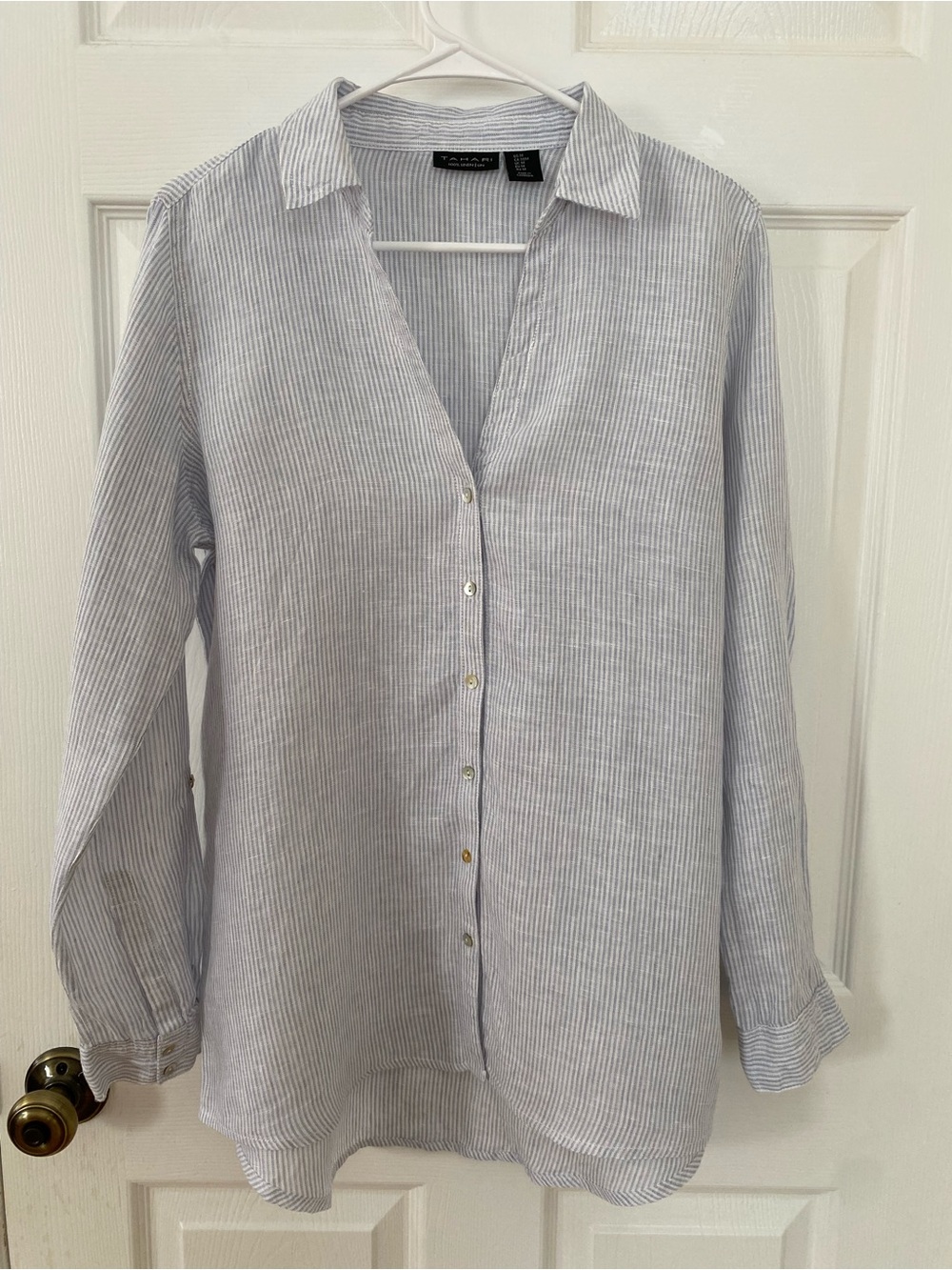 Tahari 100% Linen Striped Button-Down Shirt - Light Blue | Size M